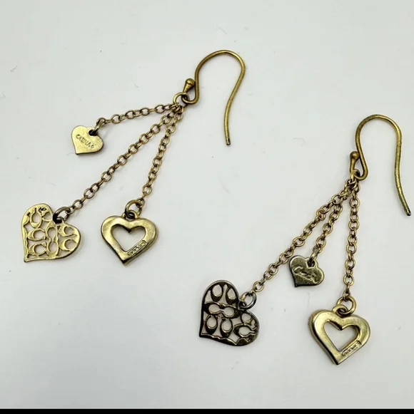 Coach Brass Vintage Gold Rare! Triple Heart Drop Earrings with Crystal Accents - Picture 2 of 3